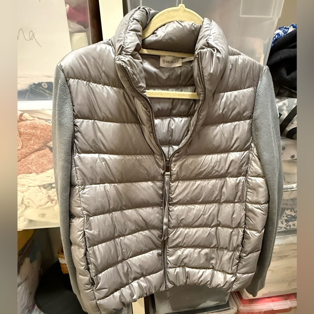 Moncler Padded Wool Zip Up Cardigan Metallic Gray